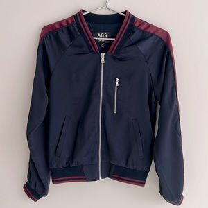 ABS Allen Schwartz Navy & Red Stripe Silky Track Bomber Varsity Jacket Sz XS